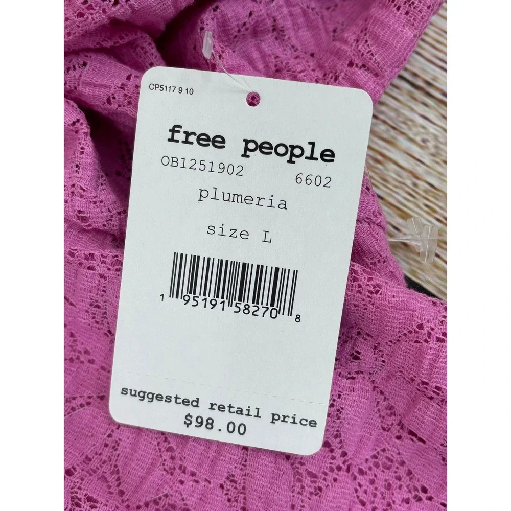 Free People Tea Time Blouse Size Large Pink Lace Open Back Puff Sleeve NWT